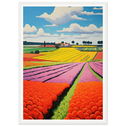 Colorful landscape painting of flower fields stretching to the horizon.