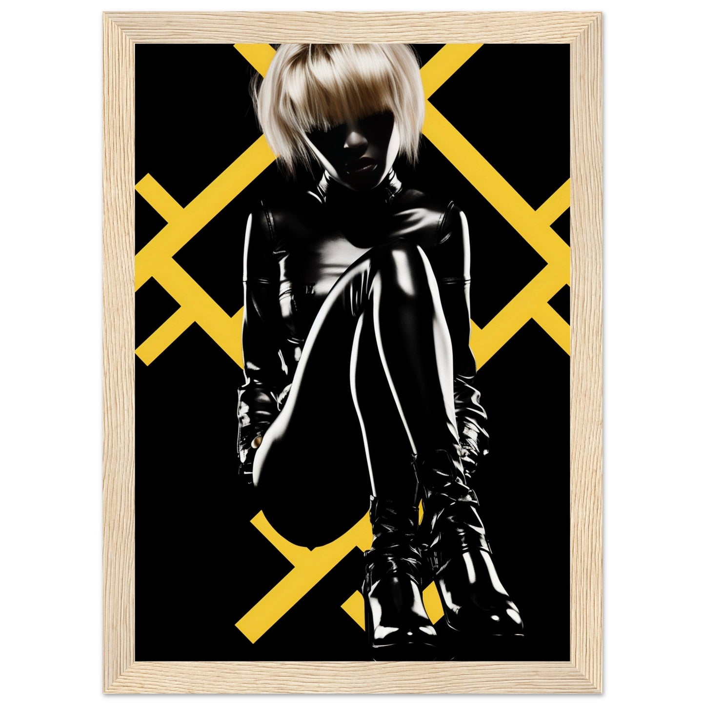 Silhouette of a person in shiny black clothing with platinum blonde hair against a yellow and black geometric background.