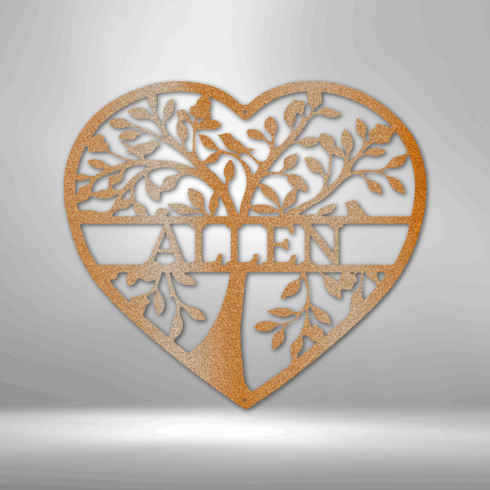 Heart-shaped metal wall art featuring a tree design and the name ’Allen’ in the center.