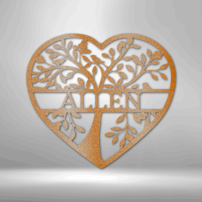 Heart-shaped metal wall art featuring a tree design and the name ’Allen’ in the center.