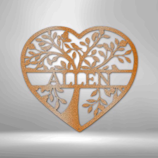 Heart-shaped metal wall art featuring a tree design and the name ’Allen’ in the center.