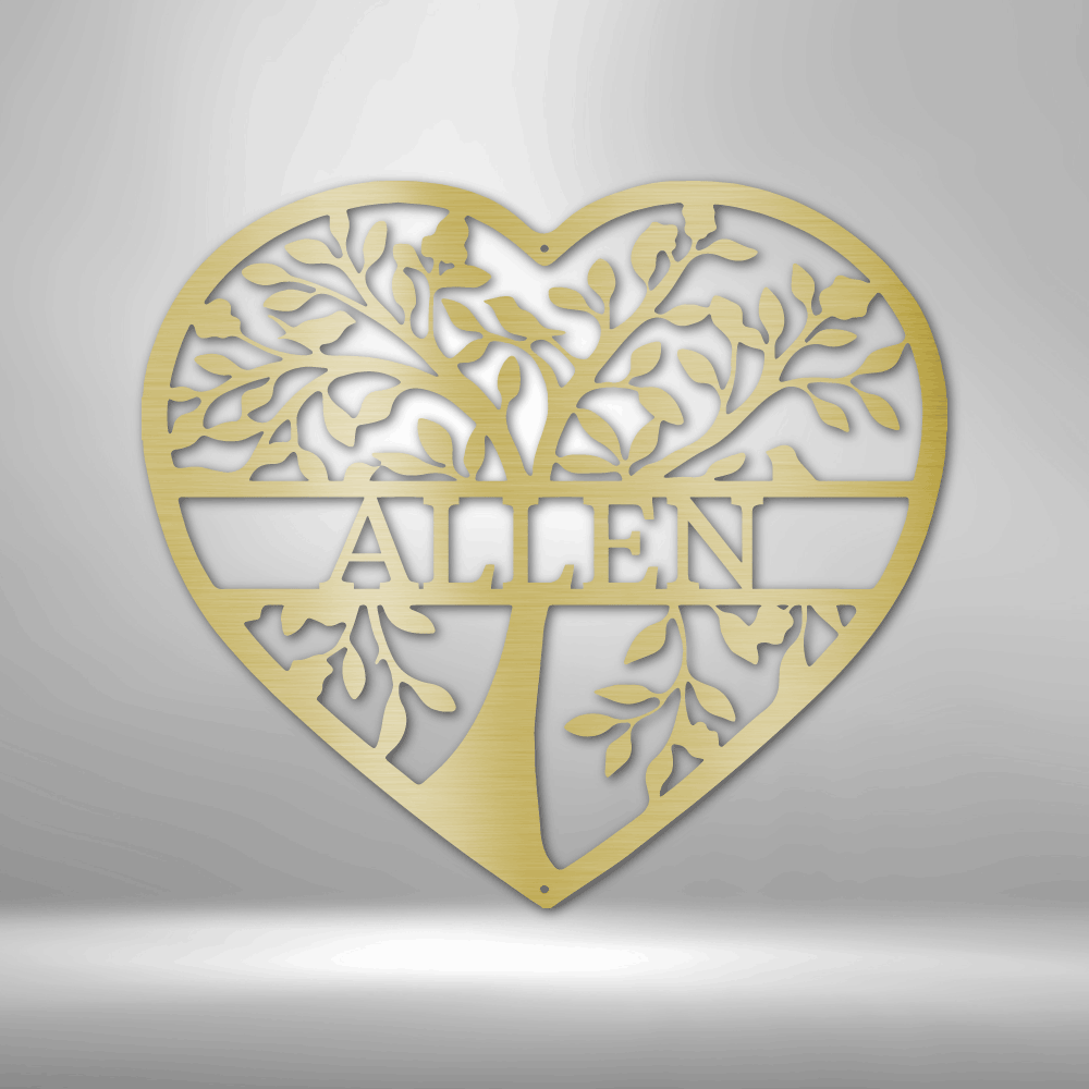 Heart-shaped gold ornament featuring a tree design and the name ’ALLEN’ in the center.