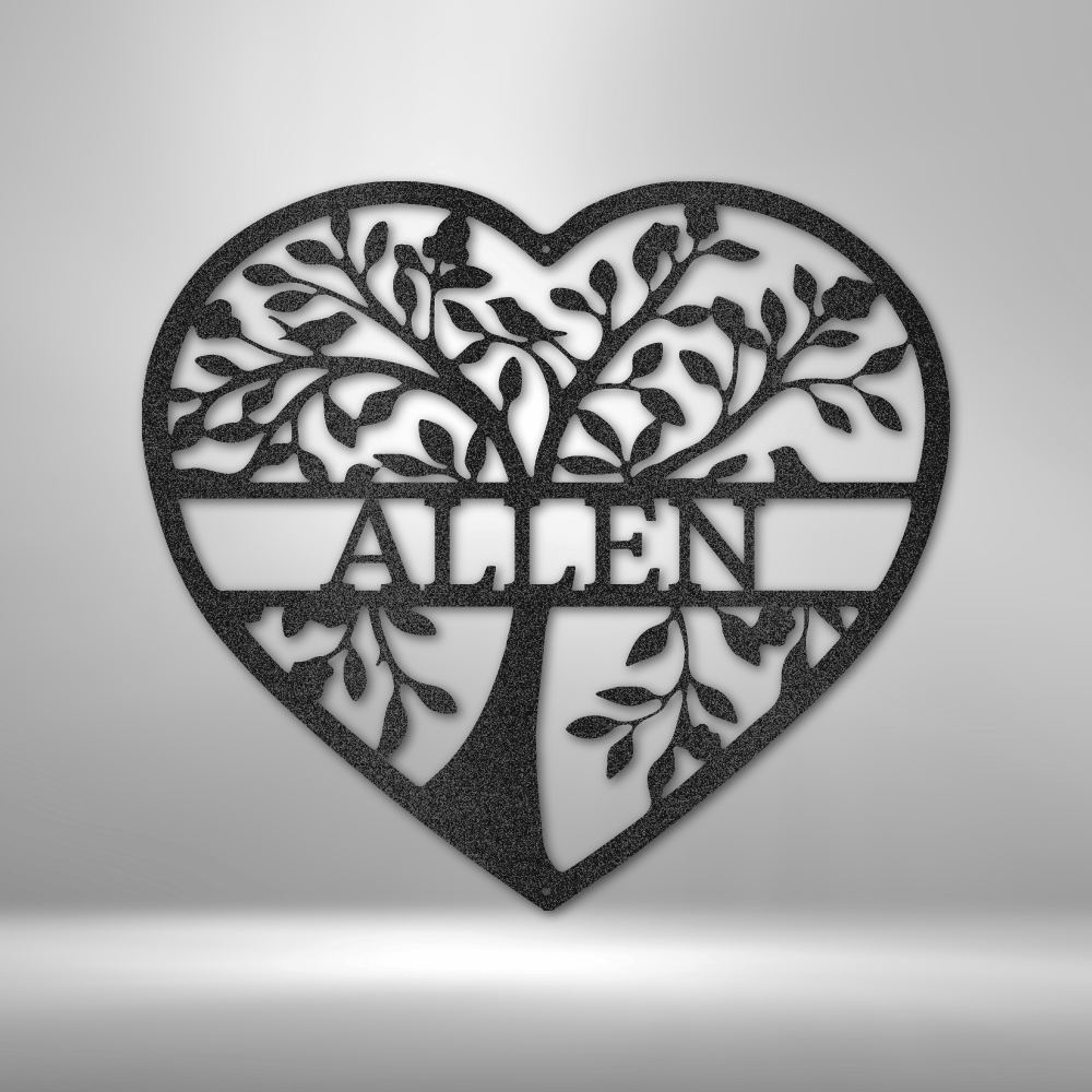 Heart-shaped metal wall art featuring a tree design and the name ’ALLEN’ across the center.