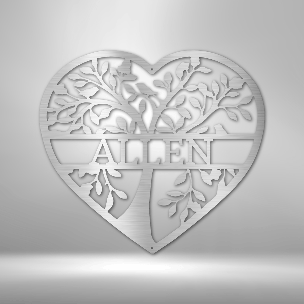 Heart-shaped decorative piece with intricate tree branch design and the word ’ALLEN’ in the center.