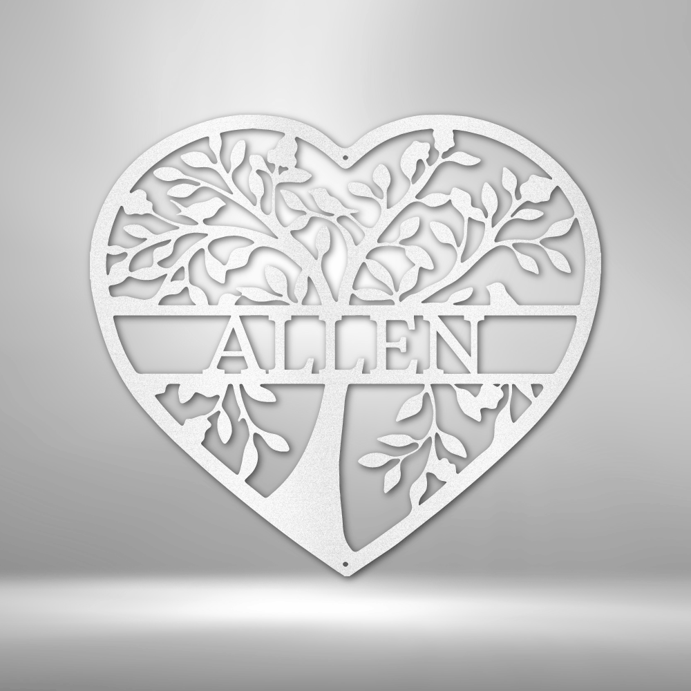 Heart-shaped tree design with ’ALLEN’ text, made of intricate cut-out patterns.