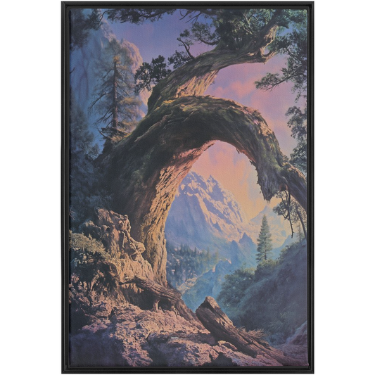 A painting of a tree in the mountains