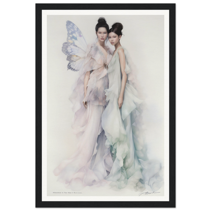 Framed watercolor painting depicting two ethereal figures in flowing gowns, one with butterfly-like wings.