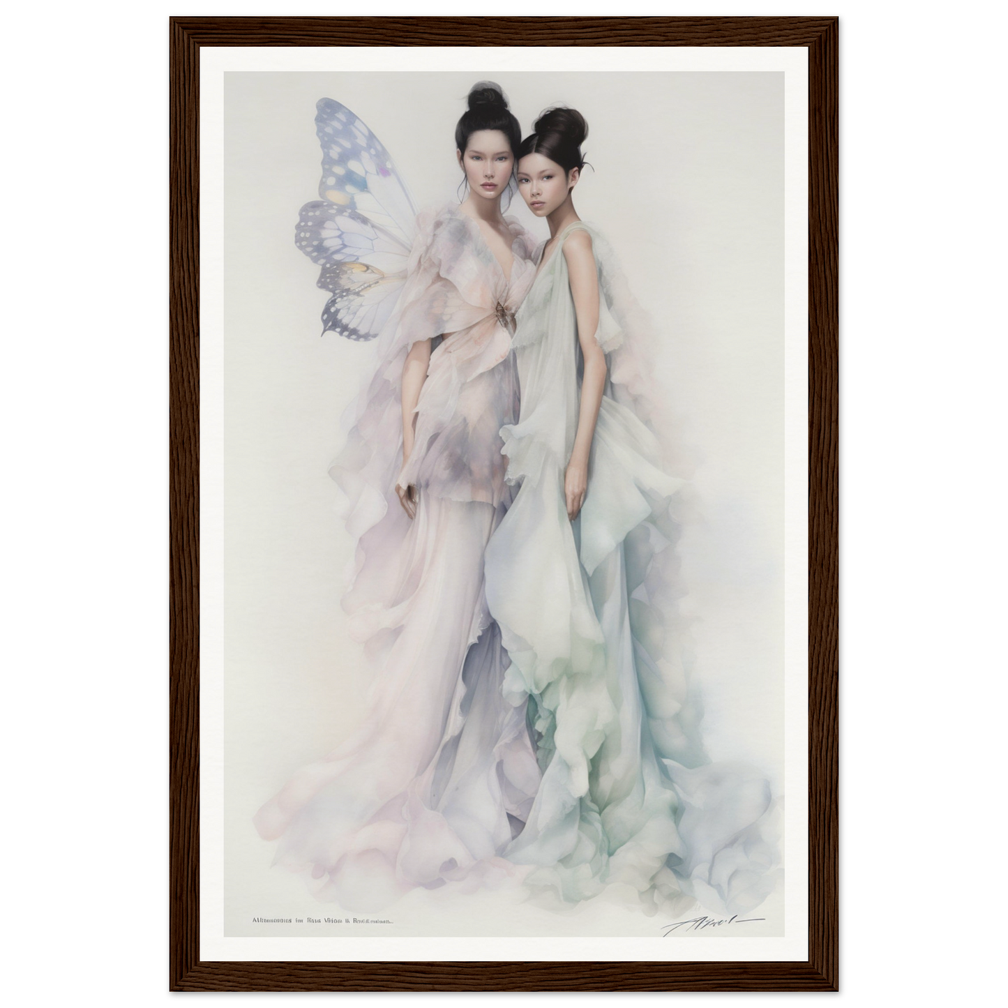 Watercolor-style painting of two ethereal women in flowing gowns, one with butterfly-like wings.