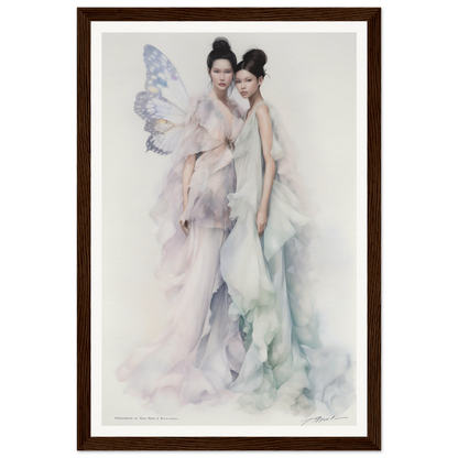 Watercolor-style painting of two ethereal women in flowing gowns, one with butterfly-like wings.