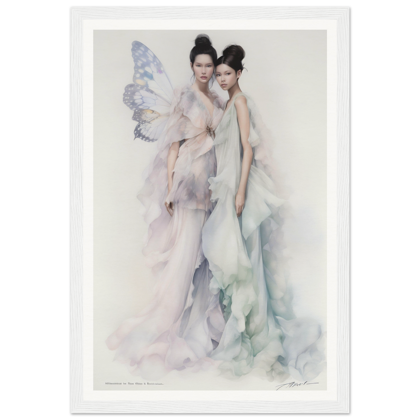 Ethereal watercolor painting of two graceful figures in flowing gowns.