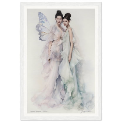 Ethereal watercolor painting of two graceful figures in flowing gowns.