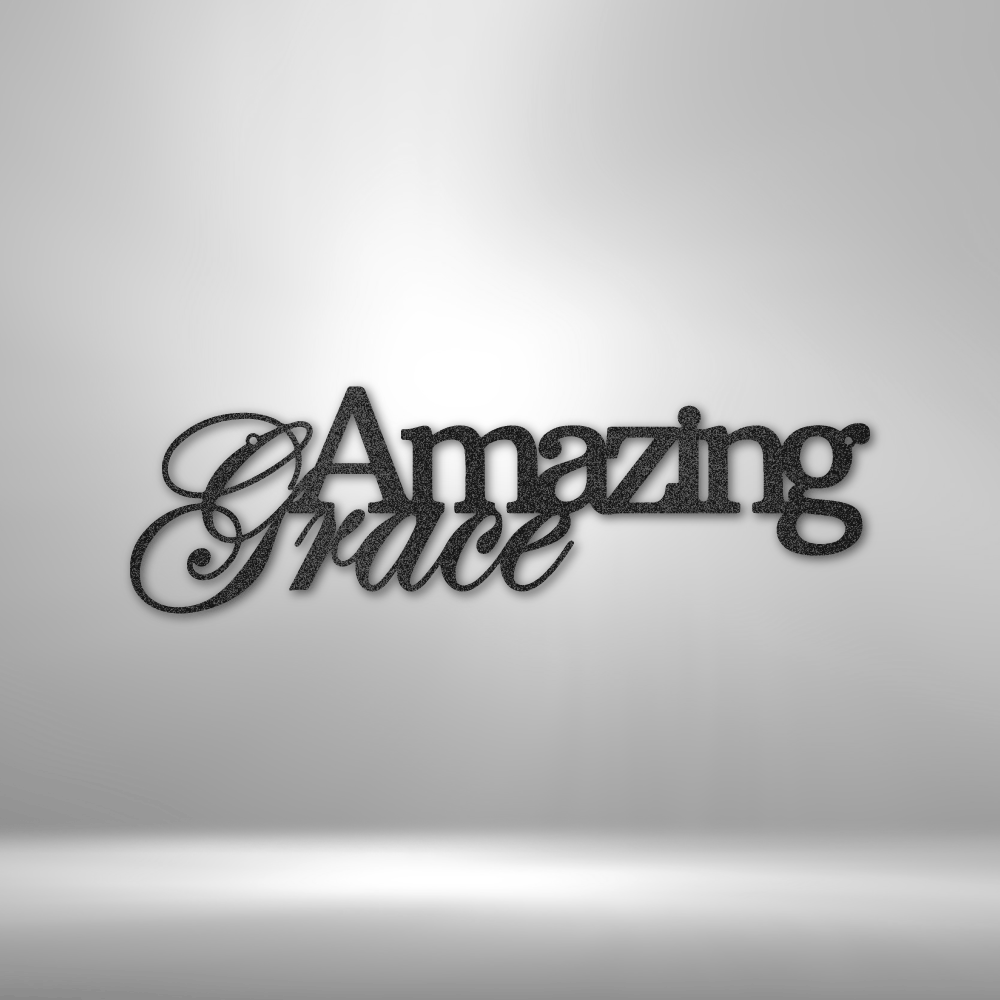 Three-dimensional text spelling out ’Amazing Grace’ in a stylized script font.