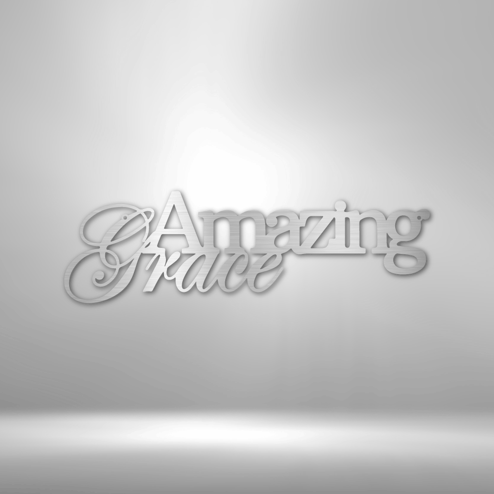 Three-dimensional text spelling out ’Amazing Grace’ in an elegant script font.