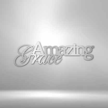 Three-dimensional text spelling out ’Amazing Grace’ in an elegant script font.