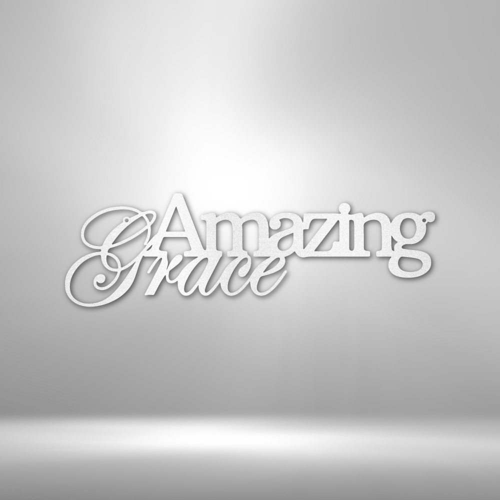 Three-dimensional white text reading ’Amazing Grace’ in an elegant script font.