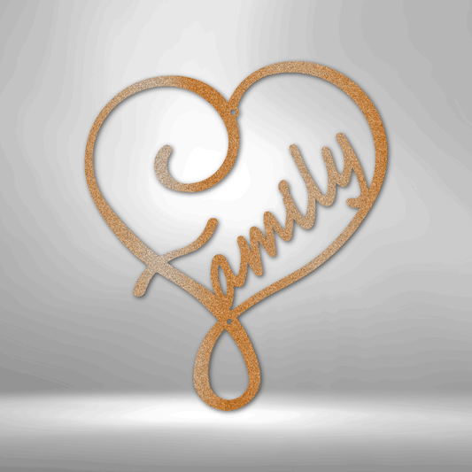 Heart-shaped design with ’Family’ written in cursive script.