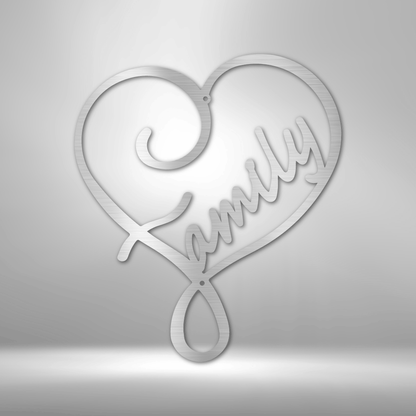 Heart-shaped design with ’Family’ written in cursive script.