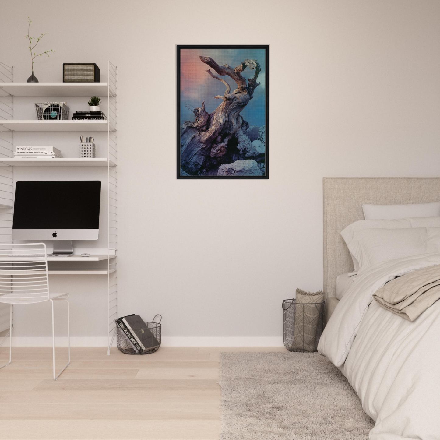 Bedroom with minimalist decor showcasing Ancient Dreams Unfurled artwork by Fashion Oracle