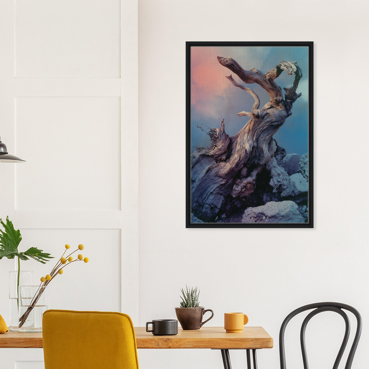 Framed canvas print of a twisted tree against a colorful sky in Ancient Dreams Unfurled