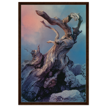 Gnarled driftwood with branches set against a vibrant sky, Ancient Dreams Unfurled artwork