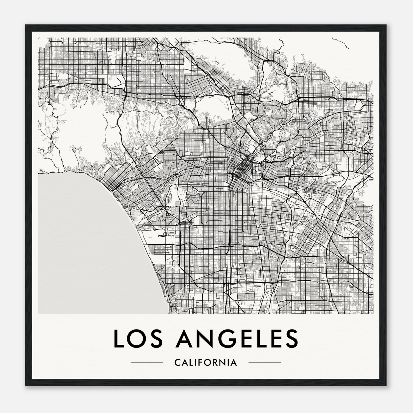 Map of Los Angeles, California, showing the city’s street grid and geographical features.