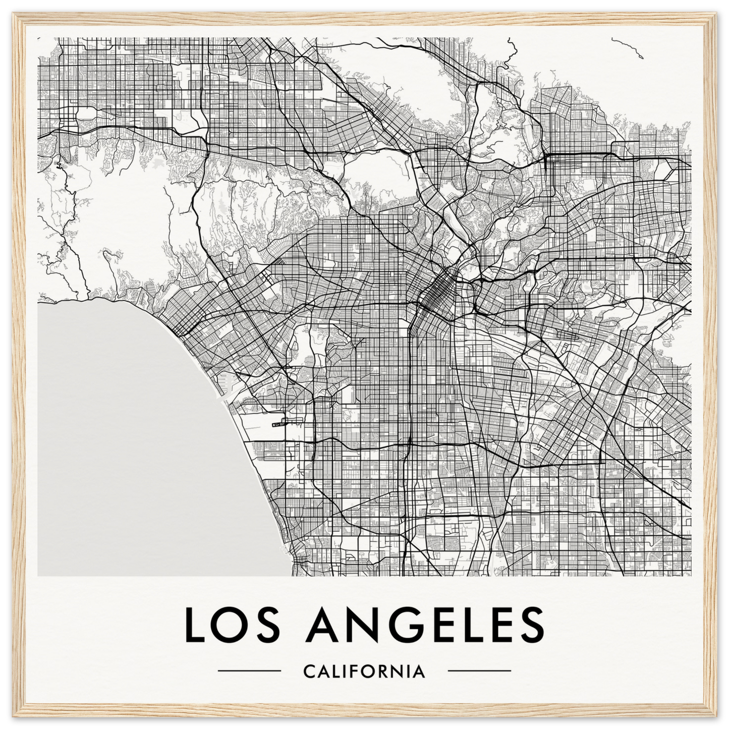 Map of Los Angeles, California, showing the city’s street grid and geographical features.