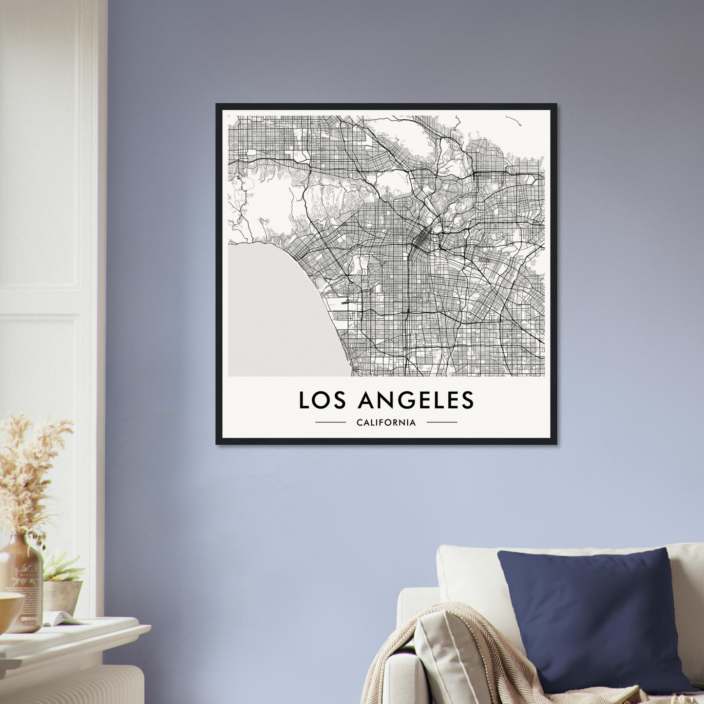 Framed map of Los Angeles, California displayed on a wall.