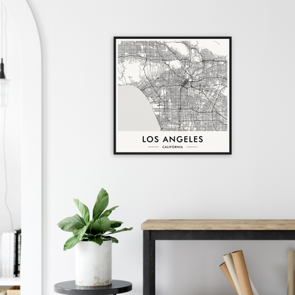 Framed map of Los Angeles, California in black and white.