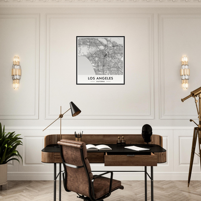 Wooden desk with a leather chair in a home office setting.