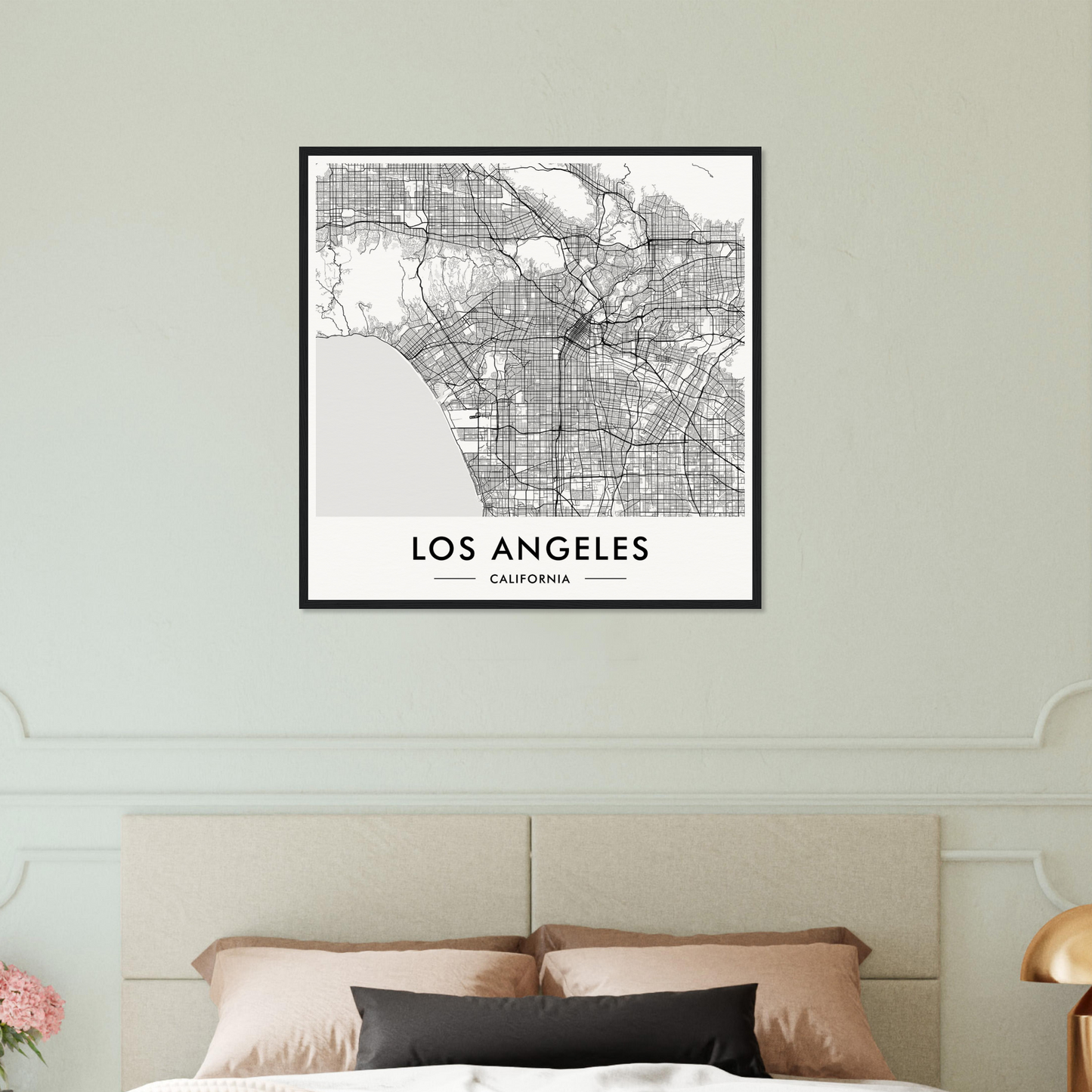 Framed map of Los Angeles, California, showing the city’s street grid and layout.