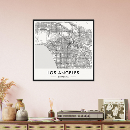 Framed map of Los Angeles showing the city’s street grid and layout.