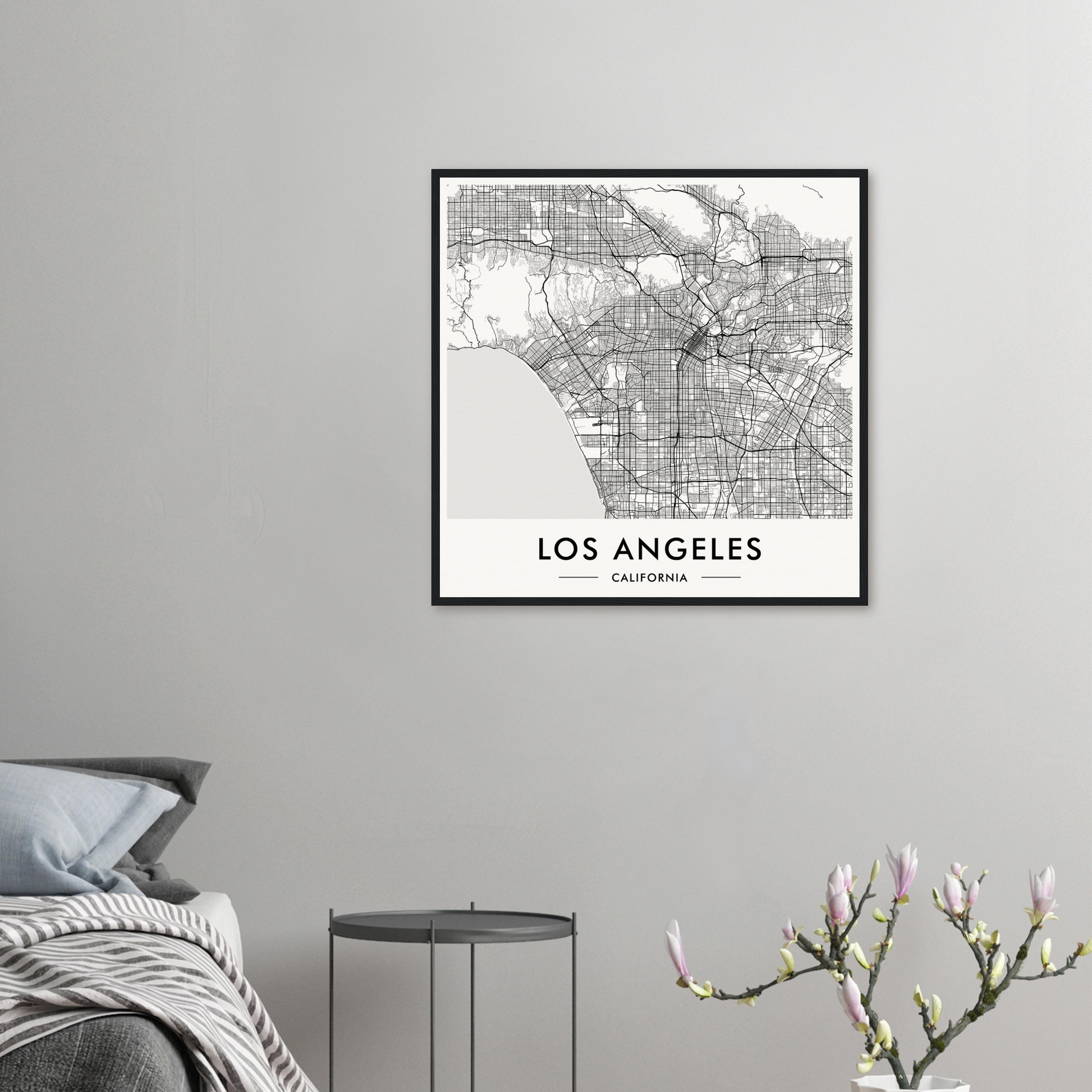 Framed map of Los Angeles displayed on a wall.