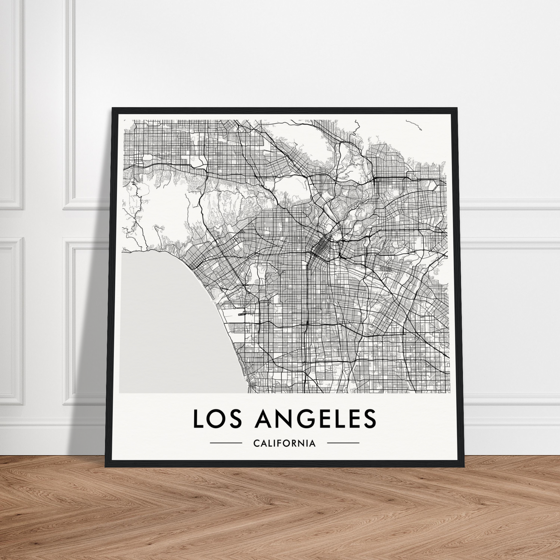 Framed map of Los Angeles, California, showing the city’s street layout and geography.