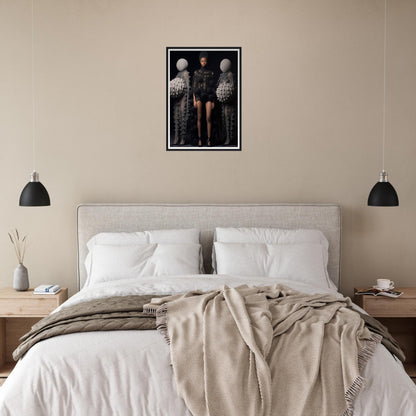 Bed with white linens, beige headboard, and neutral-toned bedding, featuring a framed artwork above.