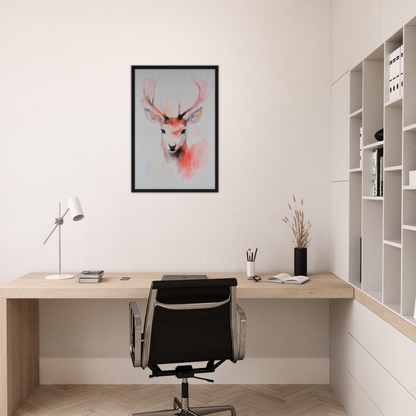 Minimalist home office workspace featuring Antlers Vivid Elegance room decor and deer artwork