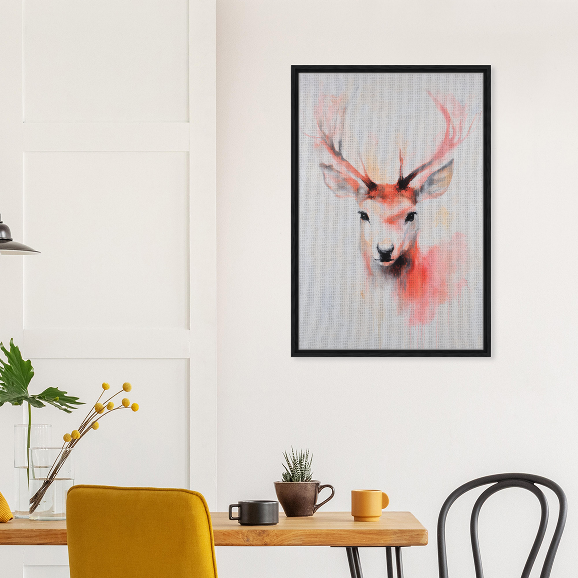 Framed canvas print of a deer’s head with pink accents from Antlers Vivid Elegance