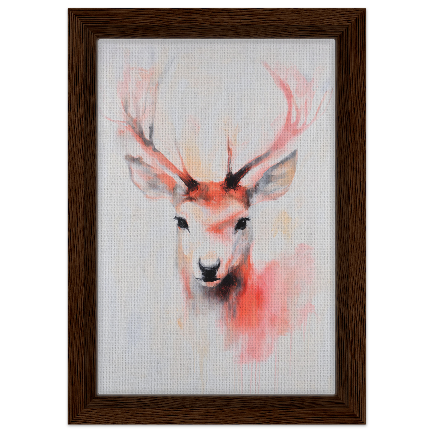 Watercolor deer head painting with pink-tinged antlers in framed canvas print, Antlers Vivid Elegance