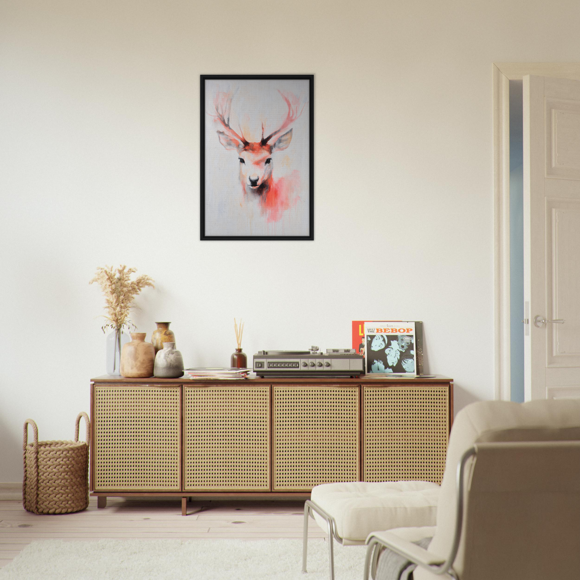 Framed artwork featuring a deer’s head with colorful accents for Antlers Vivid Elegance