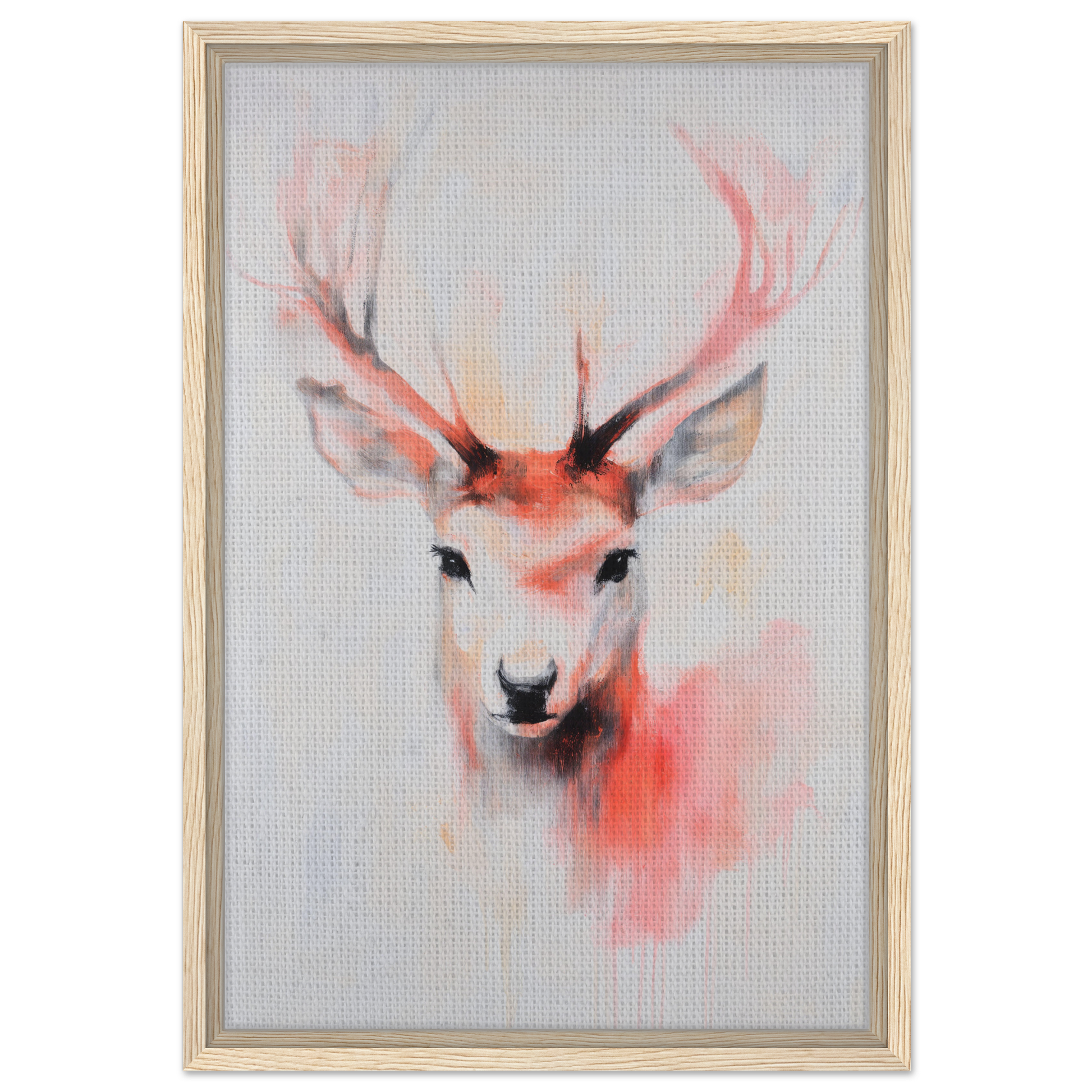Watercolor painting of a deer head with pink antlers in wooden frame for room decor