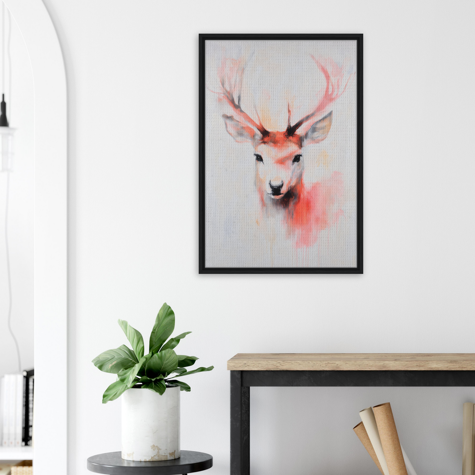 Framed watercolor painting of a deer head showcasing Antlers Vivid Elegance for room decor