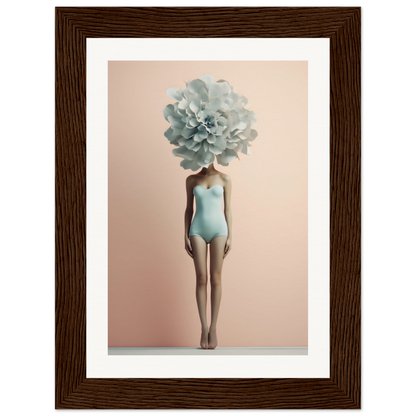 A surreal figure with a pale blue flower bloom in place of a head, wearing a light blue swimsuit.