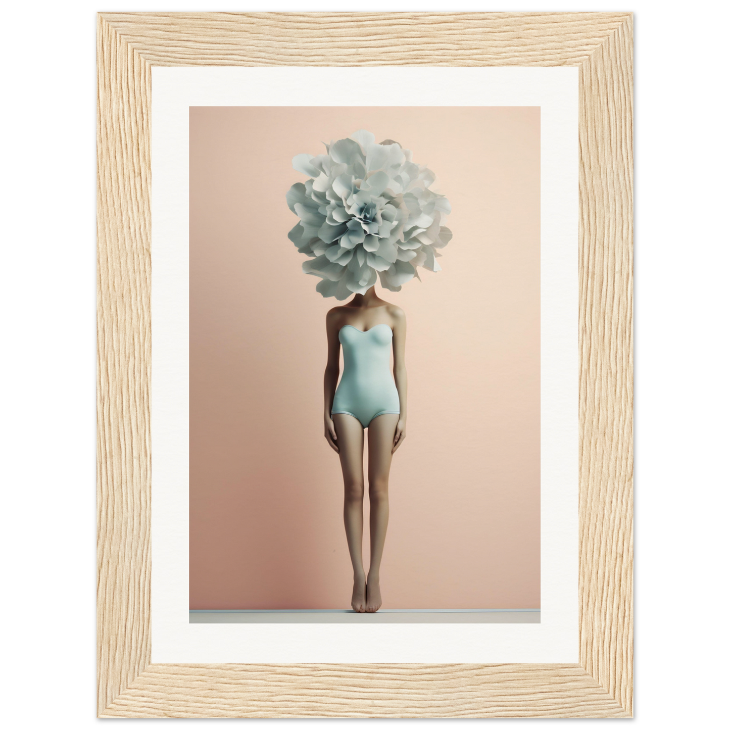 Surreal figure wearing a light blue swimsuit with a large pale green flower in place of its head.