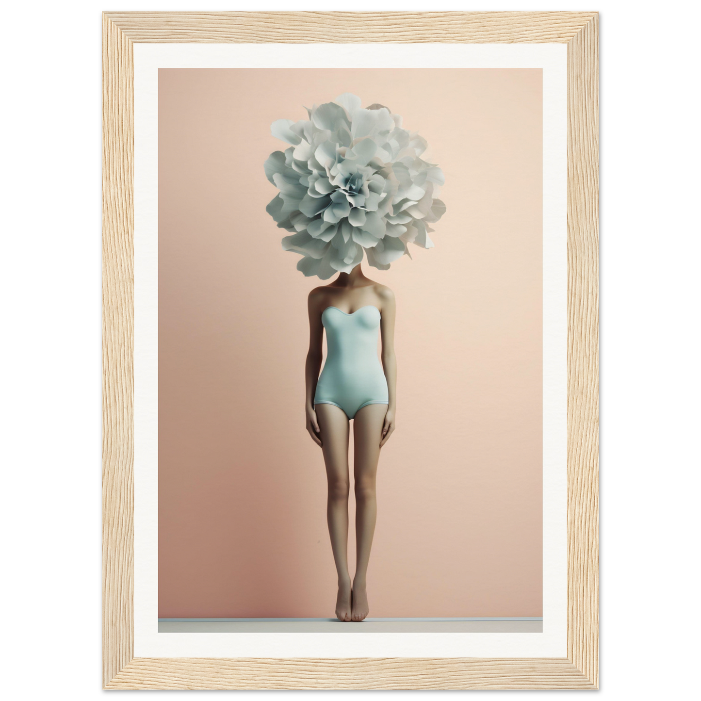 Surreal figure with a pale blue flower as a head, wearing a light blue swimsuit.