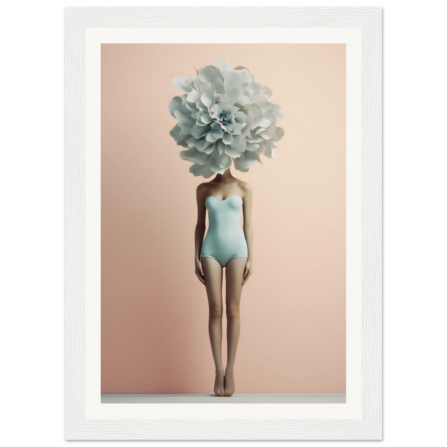 Surreal figure with a giant pale blue flower for a head, wearing a light blue swimsuit.