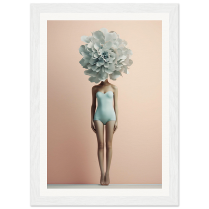 Surreal figure with a giant pale blue flower for a head, wearing a light blue swimsuit.