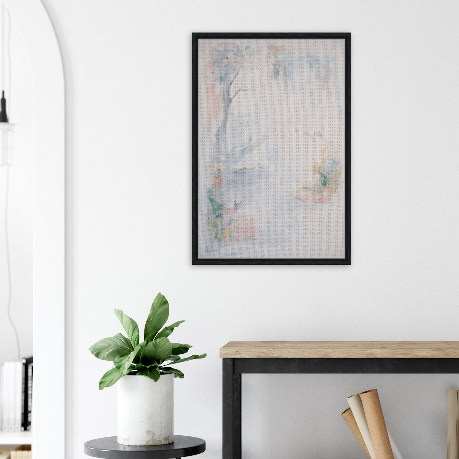 Abstract painting in soft pastel colors within a black frame, Aqua Mistscapade