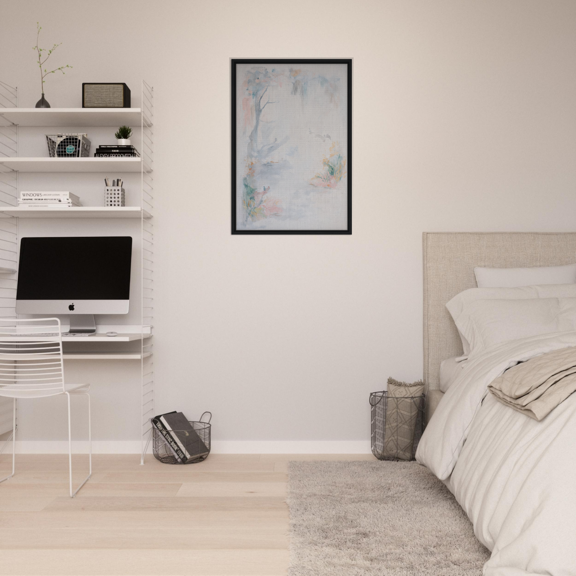 Minimalist bedroom featuring Aqua Mistscapade decor, white walls, and a modern desk setup