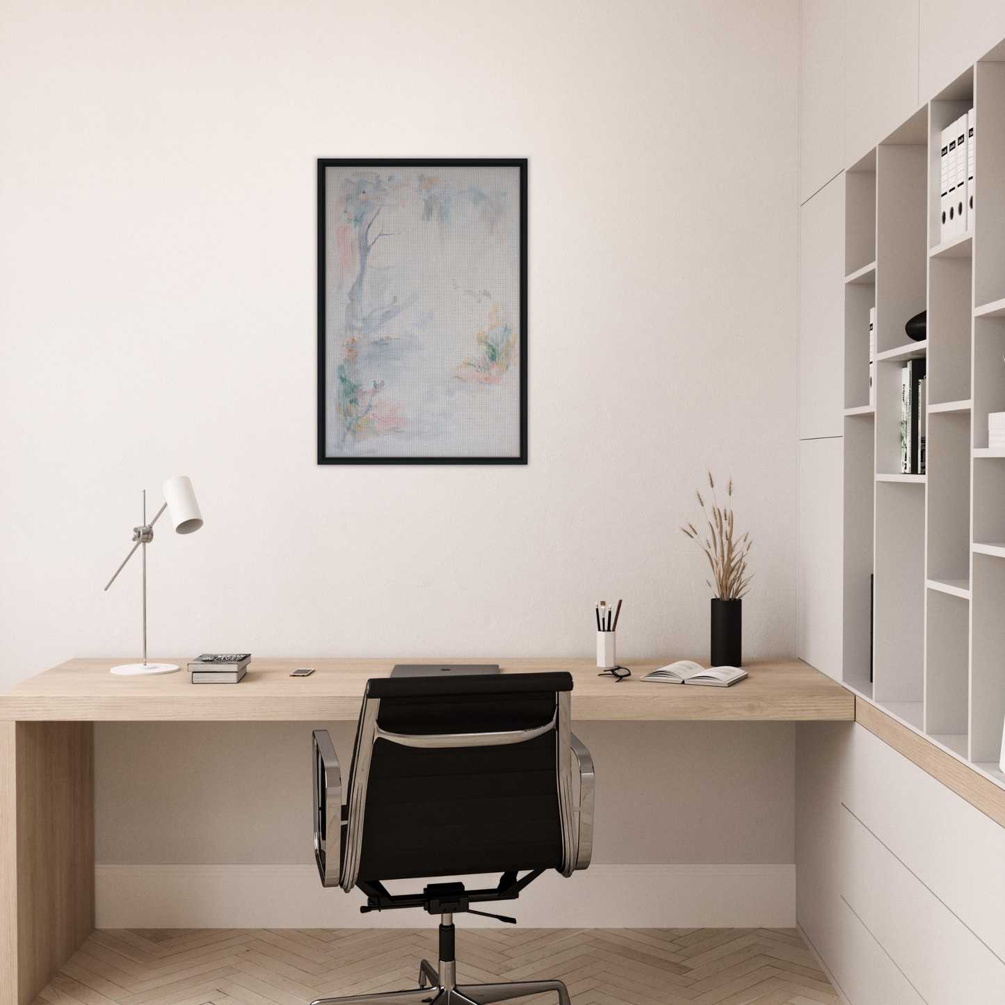 Minimalist wooden desk and black office chair in Aqua Mistscapade home office decor