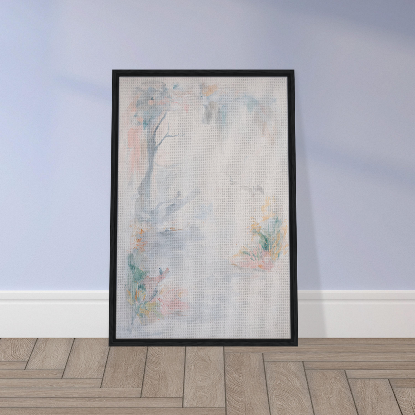 Framed abstract painting Aqua Mistscapade for elegant room decor with floral elements