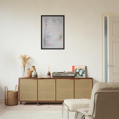 Wooden sideboard with cane-webbed doors atop Aqua Mistscapade decorative items